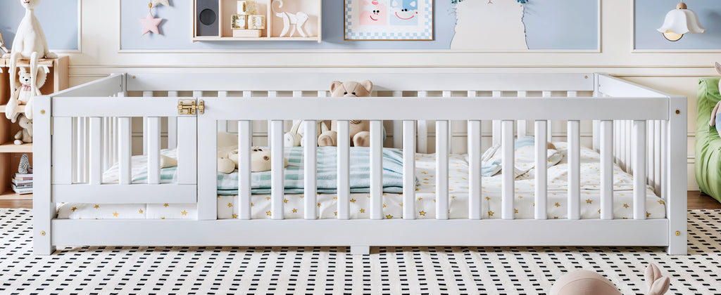 Full Size Bed Floor Bed with Safety Guardrails and Door for Kids, White