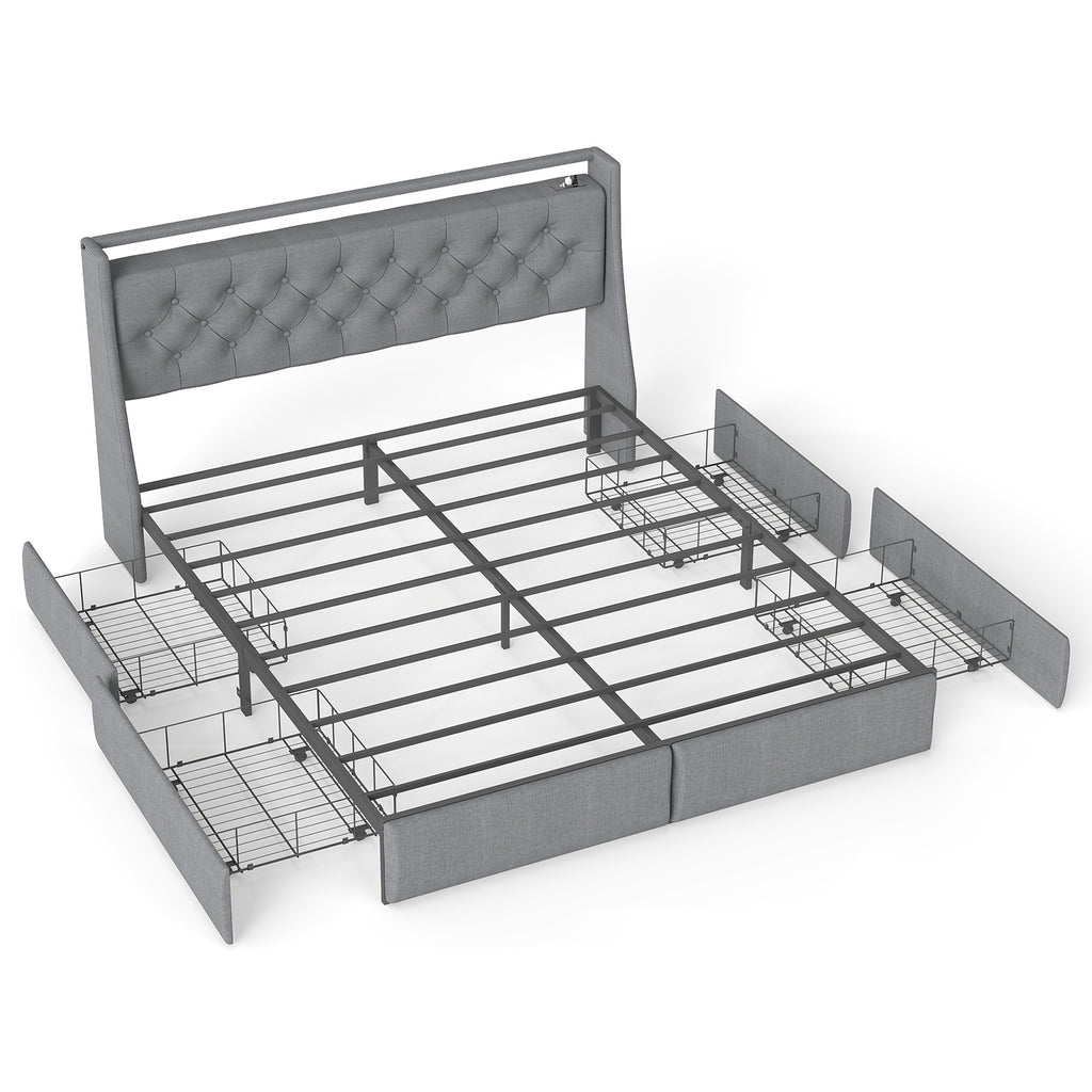 Queen Metal Platform Bed Frame Grey, Storage Headboard with RGB LED & Charging Station