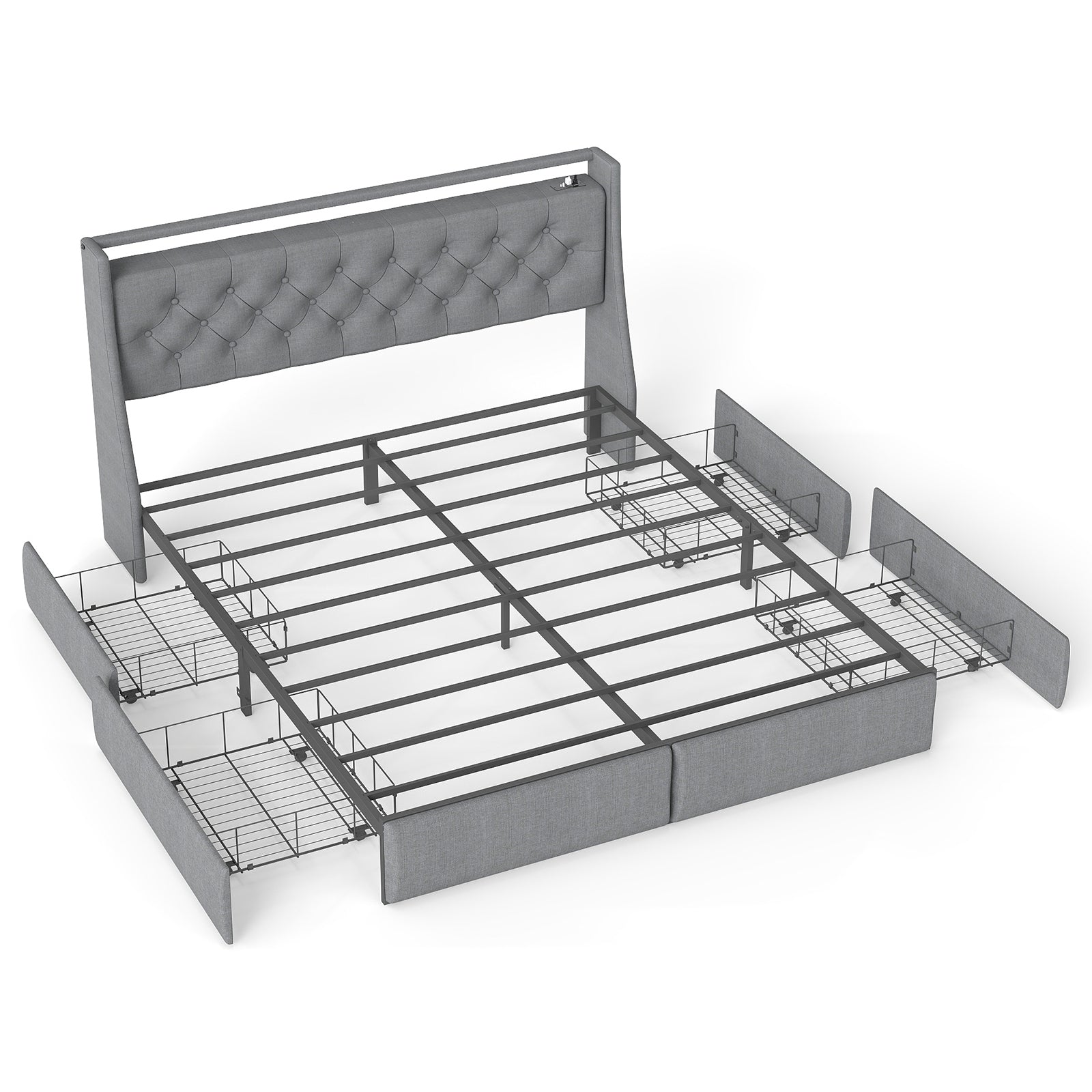 Queen Metal Platform Bed Frame Grey, Storage Headboard with RGB LED & Charging Station