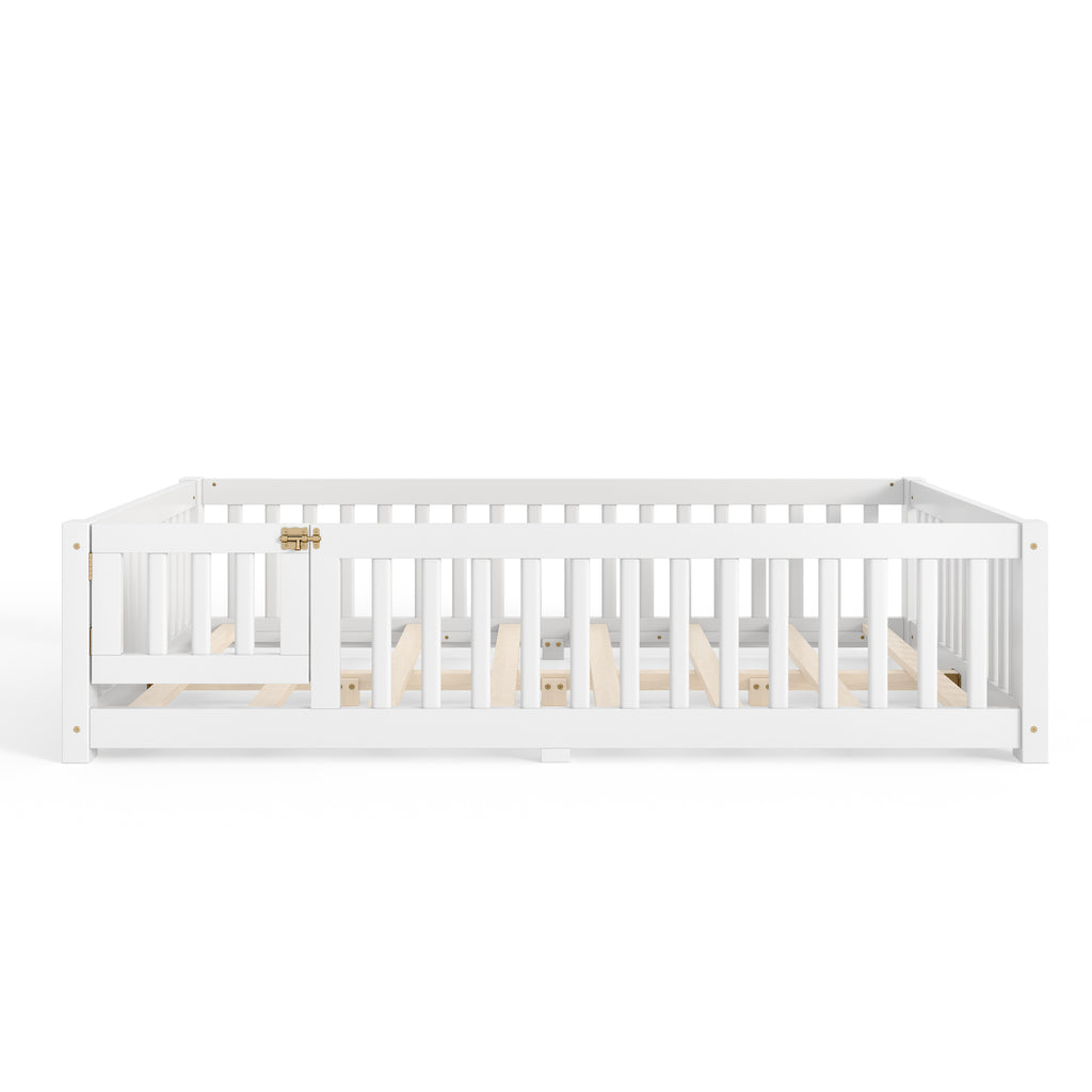 Full Size Bed Floor Bed with Safety Guardrails and Door for Kids, White