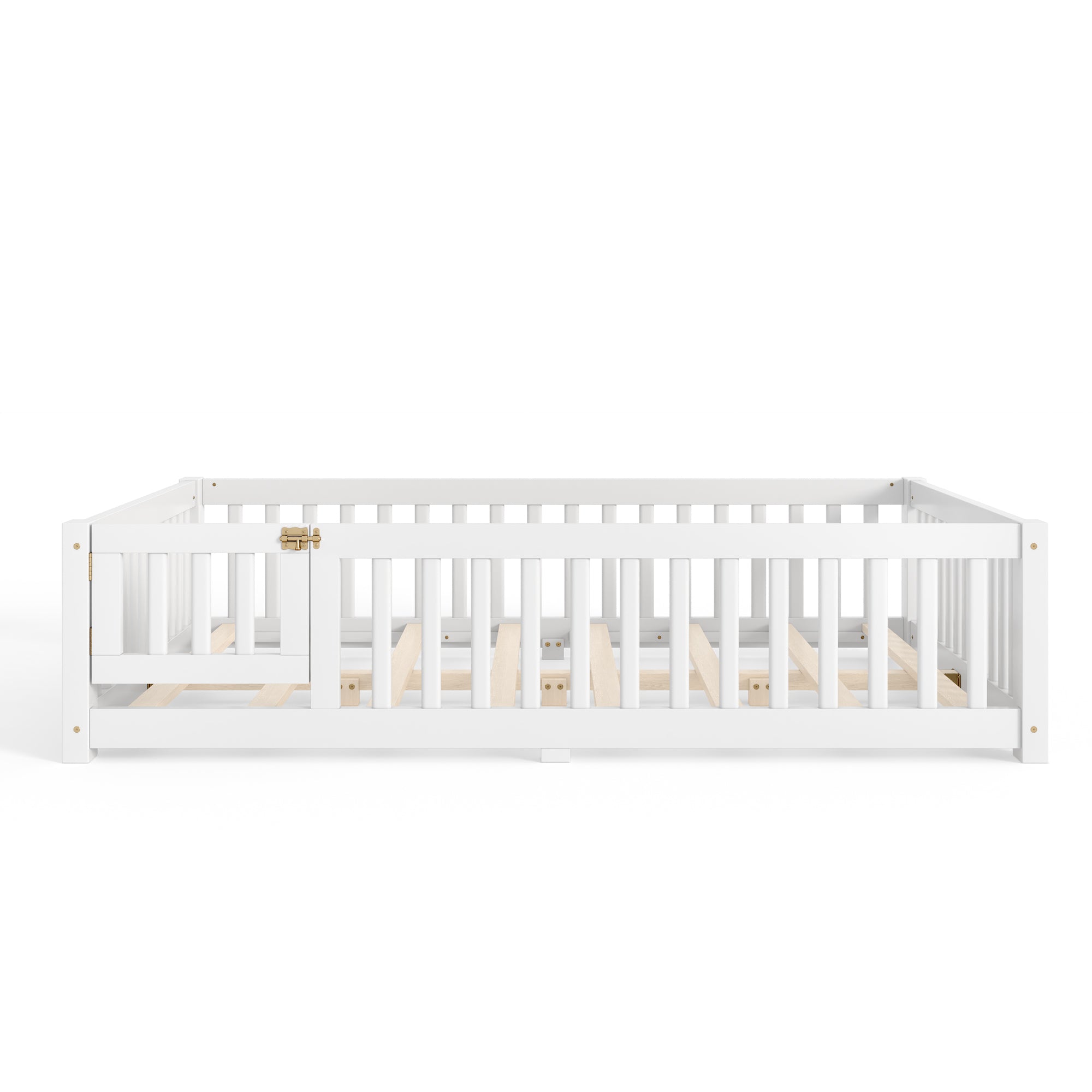 Full Size Bed Floor Bed with Safety Guardrails and Door for Kids, White