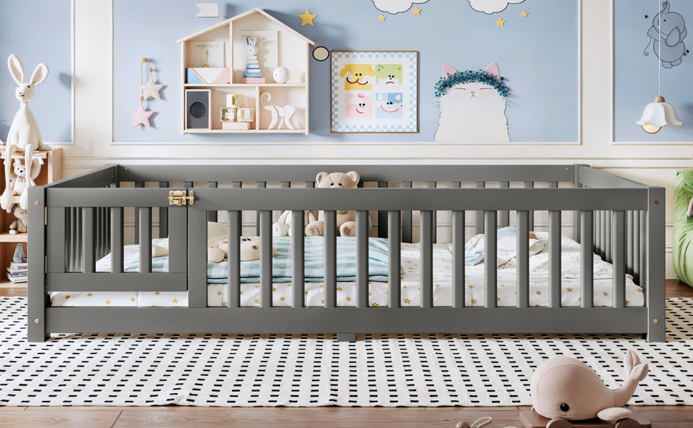 Full Size Bed Floor Bed with Safety Guardrails and Door for Kids, Gray