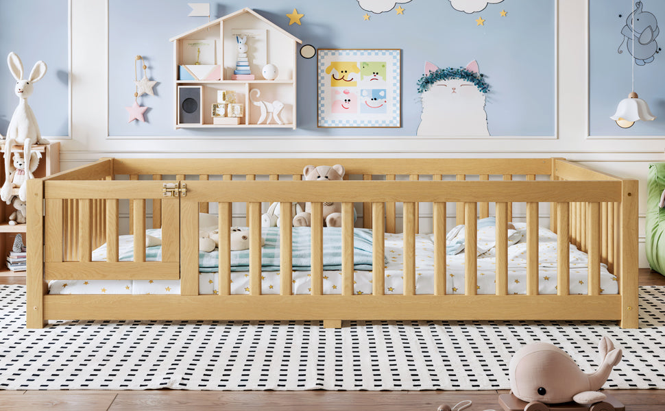 Full Size Bed Floor Bed with Safety Guardrails and Door for Kids, Natural