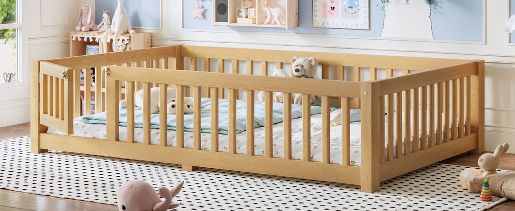Full Size Bed Floor Bed with Safety Guardrails and Door for Kids, Natural