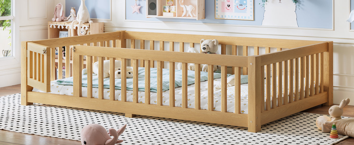 Full Size Bed Floor Bed with Safety Guardrails and Door for Kids, Natural